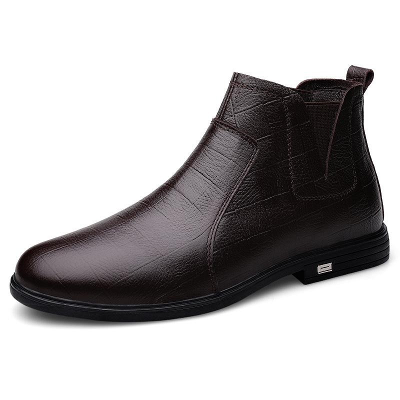 Men s Round Toe Cowhide Slip-on Leather Boots - Breathable Dr. Martens Flat Heel Casual Shoes 37