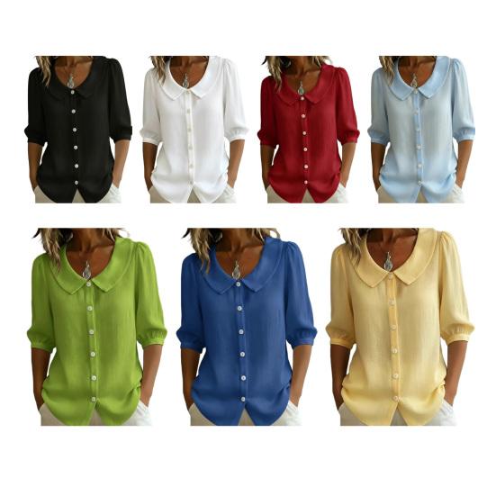 Women Tops Lapel Half Sleeve Buttons Placket Shirt Tops Pure Color Loose Fit Casual Style Shirt Home Dates Versatile Wear