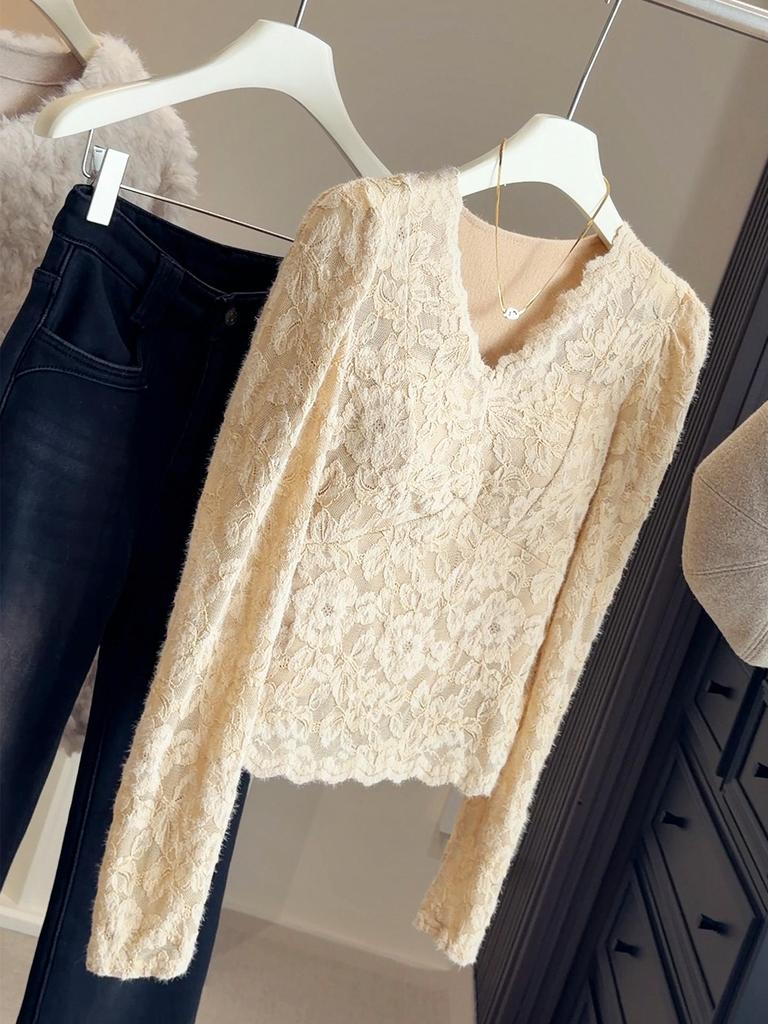 Women's Sexy V-Neck Lace Shirt with Chest Pads - Slim-Fit, Long-Sleeved, Waist-Cinching for Autumn/Winter 2025