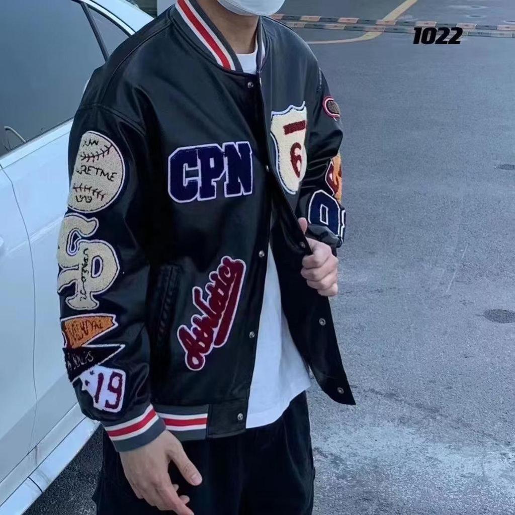 Unisex Multi-Logo Embroidered Leather Baseball Jacket - Autumn/Winter Loose Fit Single-Breasted Outerwear