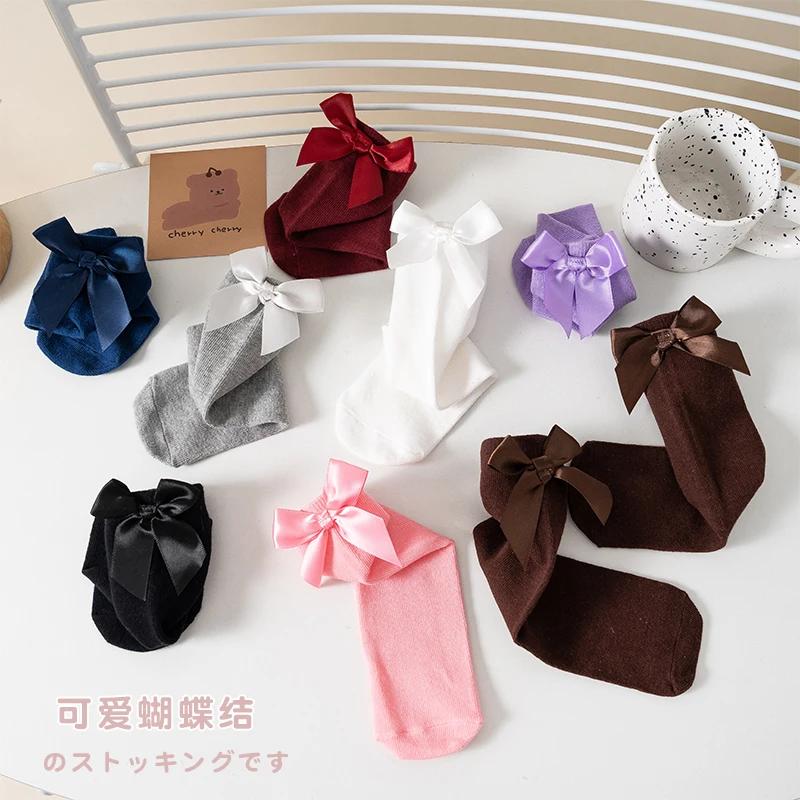 Girls Princess Bow Mid Calf Socks Spring Autumn Solid Student Dance Long Tube Socks For Little Kids
