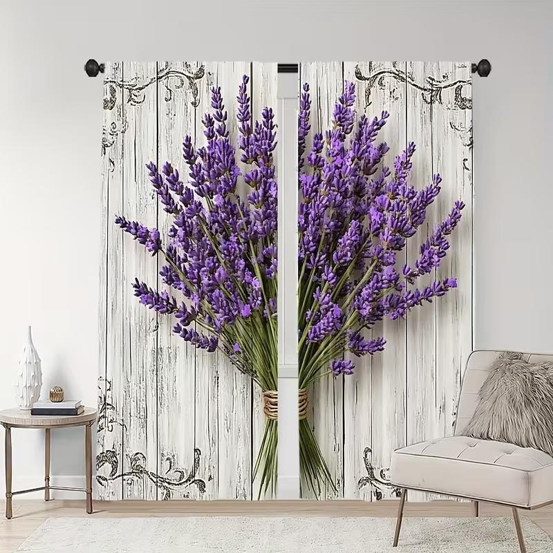 

Set Of 2 Lavender Print Curtains Suitable Bedroom Living Room Kitchen Decoration Home Window Divider Curtain For Area Made Polyester W100*H70(CM)-Grommet top&1PCS