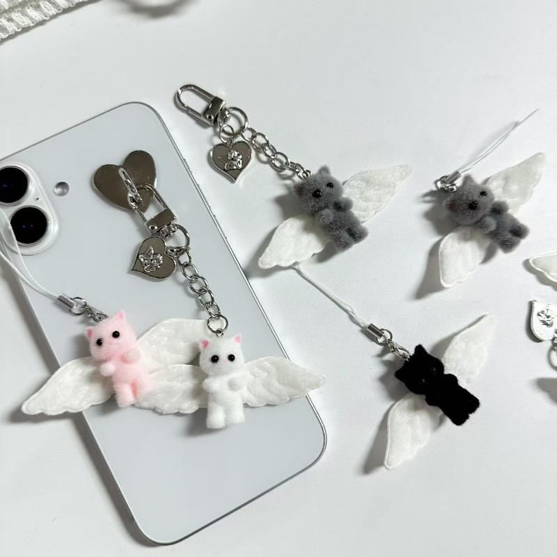 Cute Angel Wings Fuzzy Kitty Cat Heart Keychain Flocked Kitten Kawaii Phone Chain Anti-Lost Lanyard Pendant Bag Decor Gift
