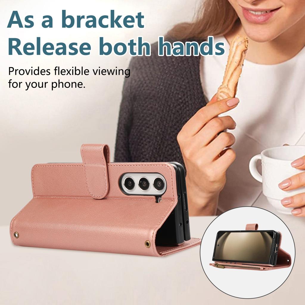 For Samsung Galaxy Z Fold7 5G Case Multi Card Slots Zipper Leather Phone Cover with Wrist Strap