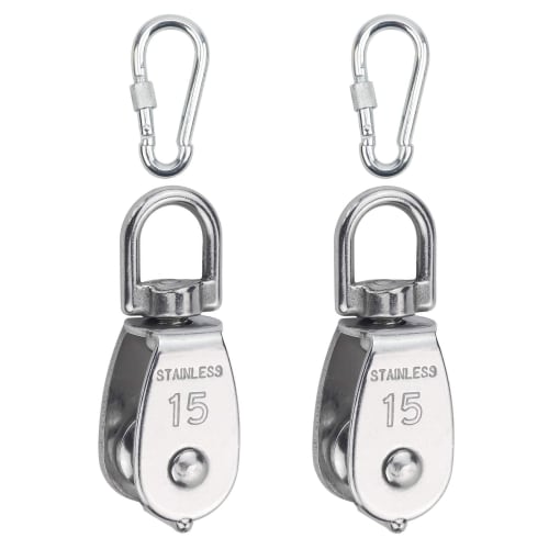 Yandong M15 Stainless Steel Pulley, 35kg Load Capacity, Small Rope Pulley, SUS304, for Cargo Transport, Swivel Type, with Carabiner (Set of 2)