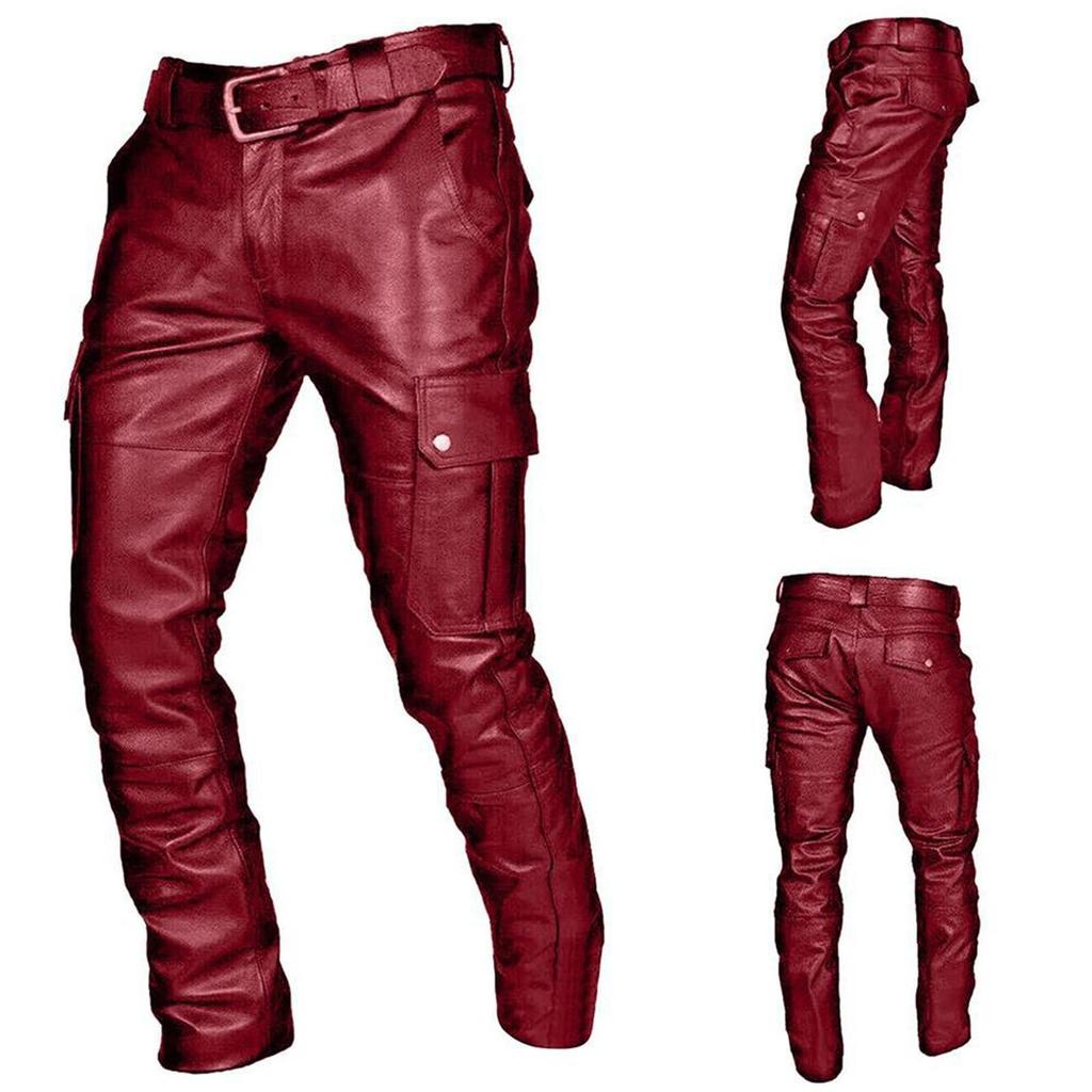 Herfst en winter heren effen kleur retro PU leren broek casual cargo broek
