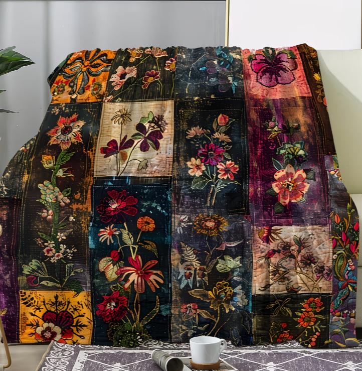 Colorful Flannel Blanket with Heart And Floral Patchwork Design - Soft Blanket for Sofa Bed Car Office Camping Travel Vintage