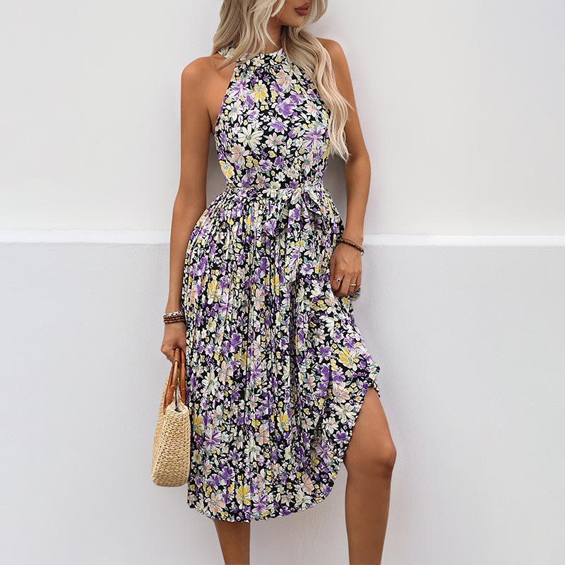 

Женское повседневное элегантное праздничное плиссированное платье с цветочным принтом и бретелькой через шею L чёрный