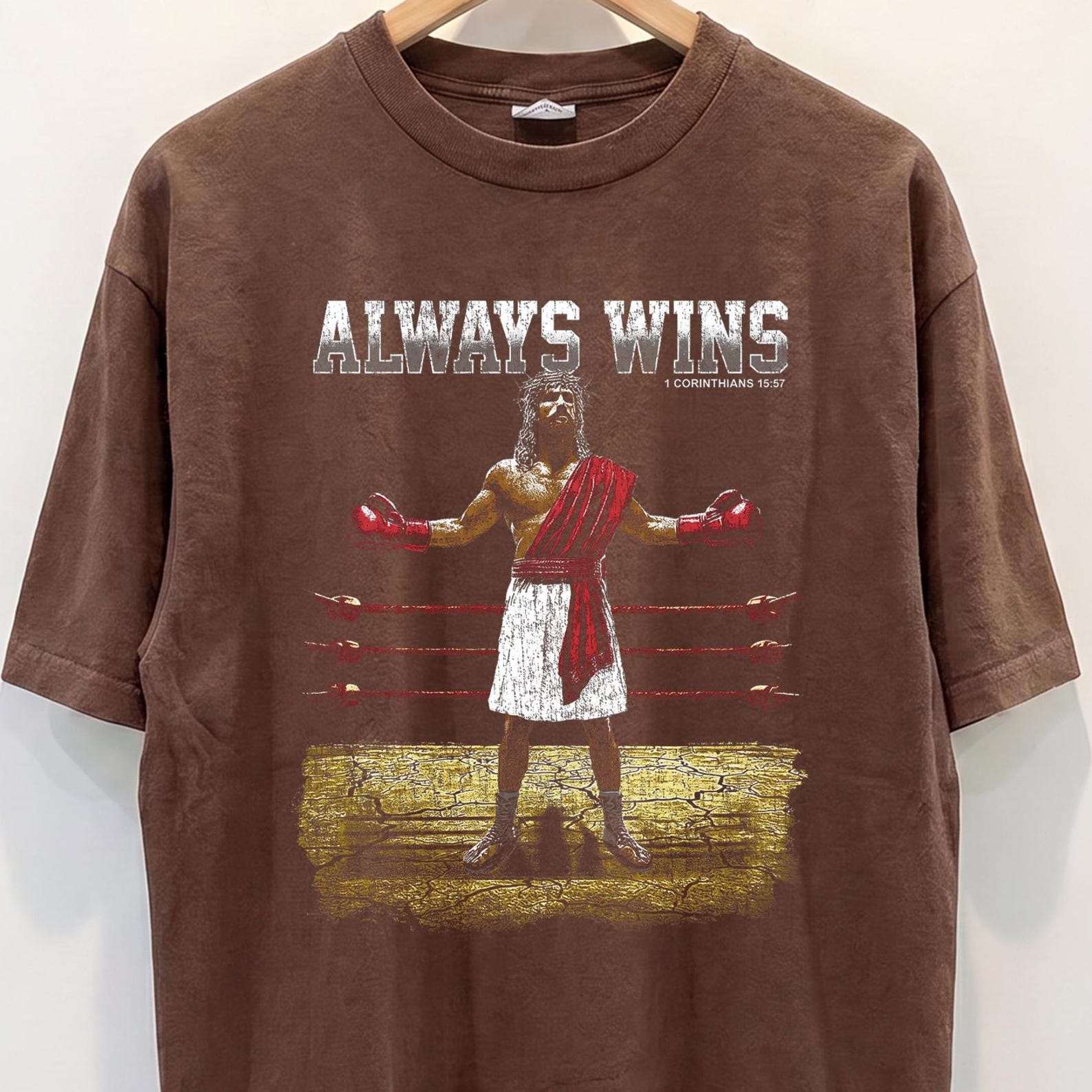 Jesus Always Wins Shirt, Christian Boxing Comfort Colors Tee, 1 Corinthians 15:57 Faith Graphic T Shirt, Religious Gift XL