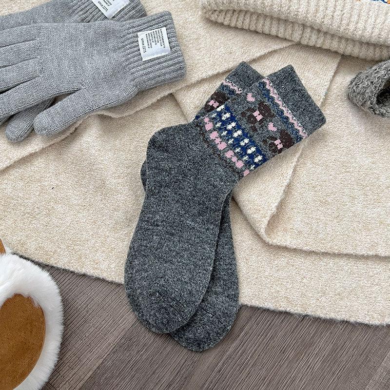 Retro Ethnic Style Wool Socks Children Thickened Warm Coffee Plush Bear Medium Tube Stacking Socks