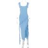 2026 Summer Women's Fashion Sexy Ruffle Trim Spliced Split Dress - Spaghetti Strap Bodycon Gown Stitching Temperament Sexy