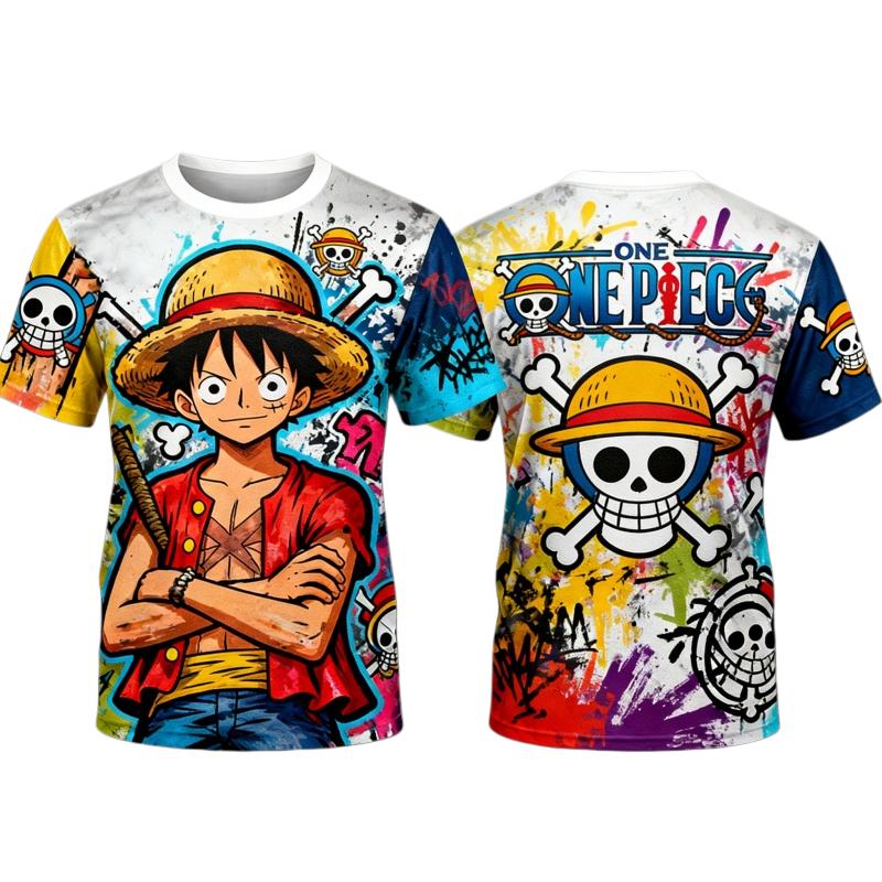 2026 Sommer Einteiler Luffy Graffiti 3D-Druck T-Shirt, Streetwear Harajuku Kurzarm-Tee für Anime-Fans, Oberteil für Erwachsene & Kinder
