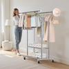 Clothes Rack, Rolling Clothing Garment Rack with 2 Hanging Rods and 2 Storage Shelves, 120 kg Load Capacity, Adjustable Height Carbon Steel Clothing