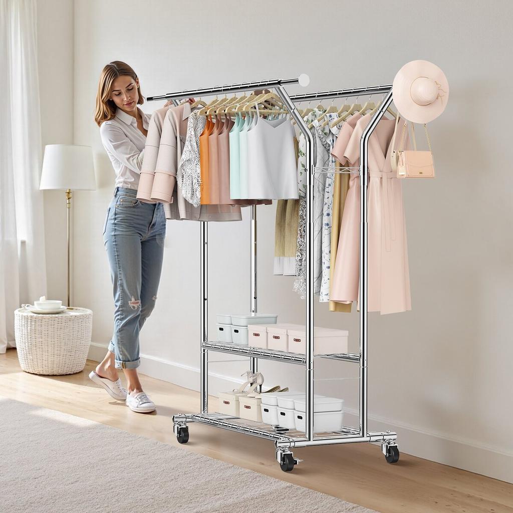 Clothes Rack, Rolling Clothing Garment Rack with 2 Hanging Rods and 2 Storage Shelves, 120 kg Load Capacity, Adjustable Height Carbon Steel Clothing