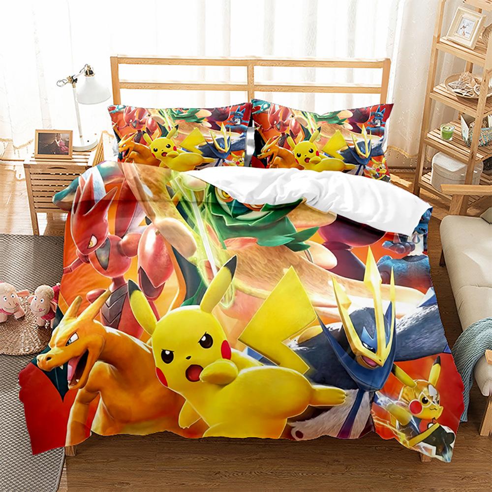 Cute Pikachu Animation Image 3D Digital Printing Bedding Three-Piece Set