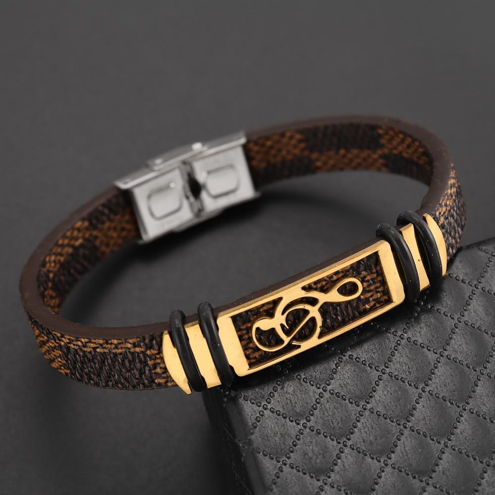 

Стильный браслет из нержавеющей стали с застежкой и музыкальным символом, парный кожаный браслет в стиле панк, хип-хоп, праздничный подарок, аксессуары для вечеринок коричневый