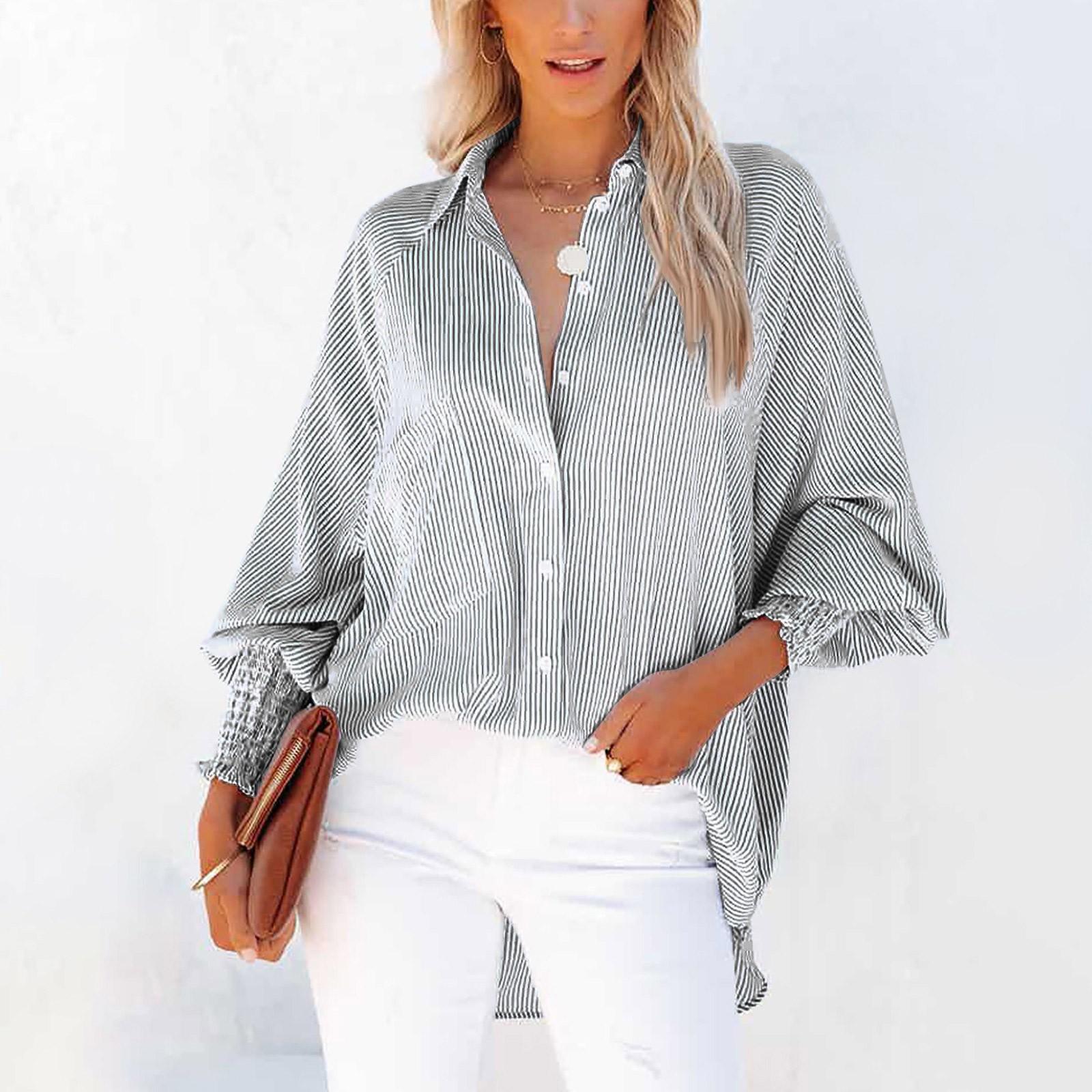 

Women s Striped Stand Up Collar Shirt Loose Bubble Long Sleeved Shirt Dance Shirt L сірий колір
