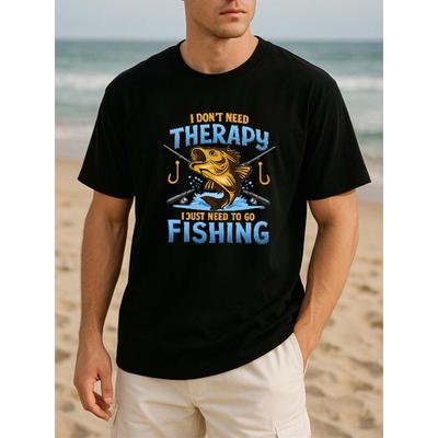 Europäische Größe Grafikdruck T-Shirt mit dem Spruch 'Ich brauche keine Therapie, ich möchte einfach nur angeln gehen' - Mit einem Design aus Fisch und Angelruten - Hergestellt aus weichem