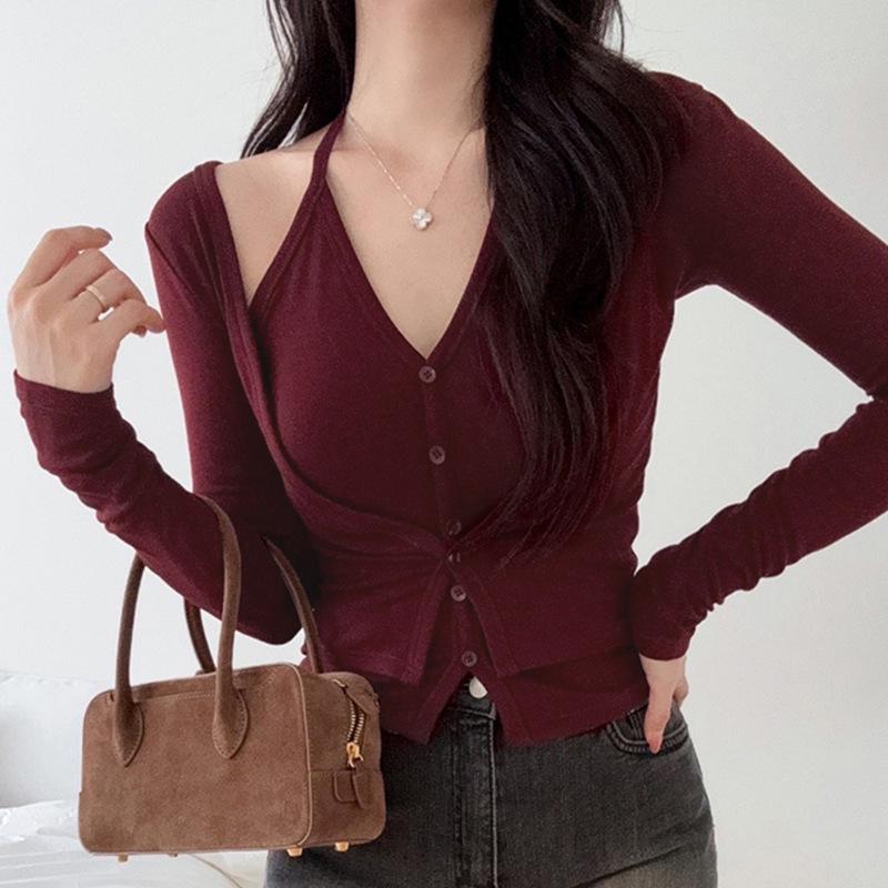 Korean Dongdaemun Elegant Halter Neck Slimming Long Sleeve T-shirt for Women