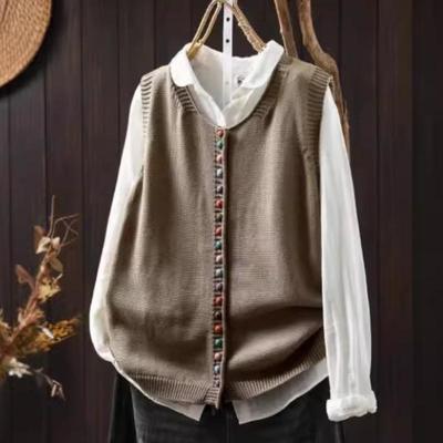 Women Vintage Pullover Sweaters Solid Color O-Neck Sleeveless Knitted Autumn Loose Casual Sweaters