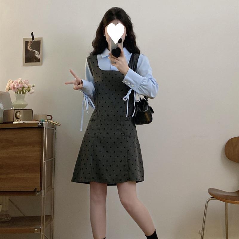 

Micro Large Size Splicing College Shirt Dress Autumn Two-piece Temperament Polka Dot Skinny Vest Skirt M