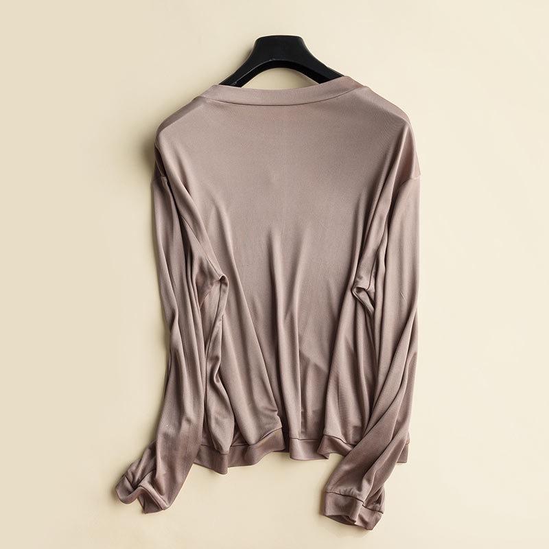 New Women's Silk Long-Sleeve Round Neck T-Shirt - Loose Fit Korean Style for Autumn