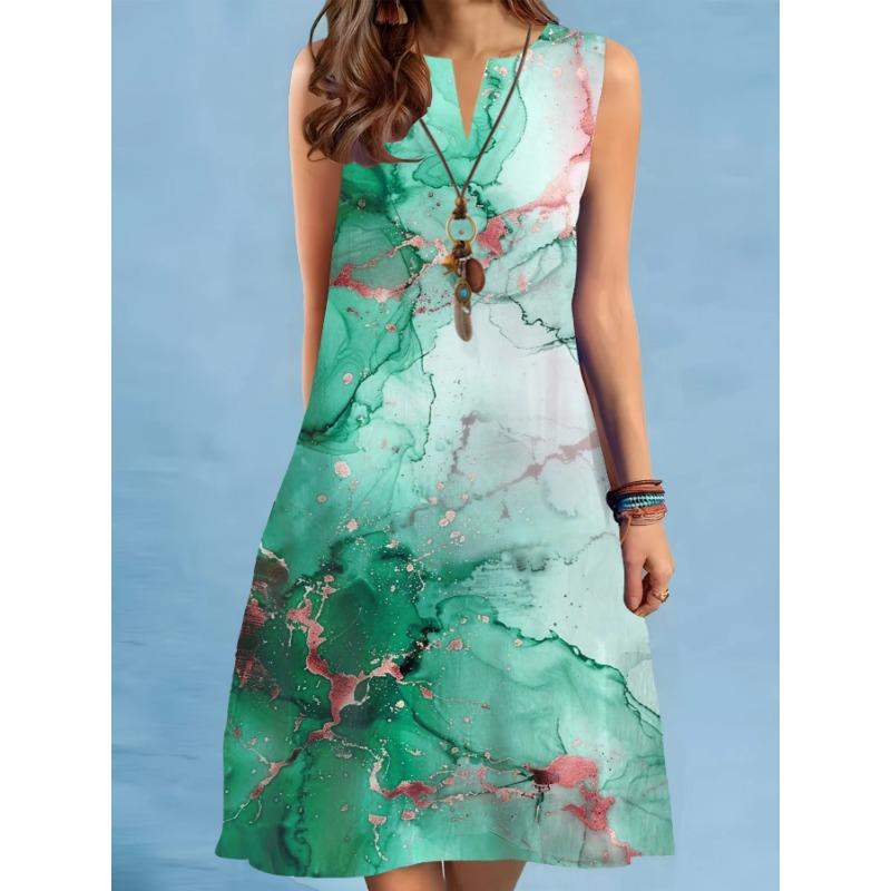 Summer Print A-Line Dress Women Casual Sexy Sleeveless V-neck Loose Mini Dress Elegant Landscape Oil Painting Dress Vestidos