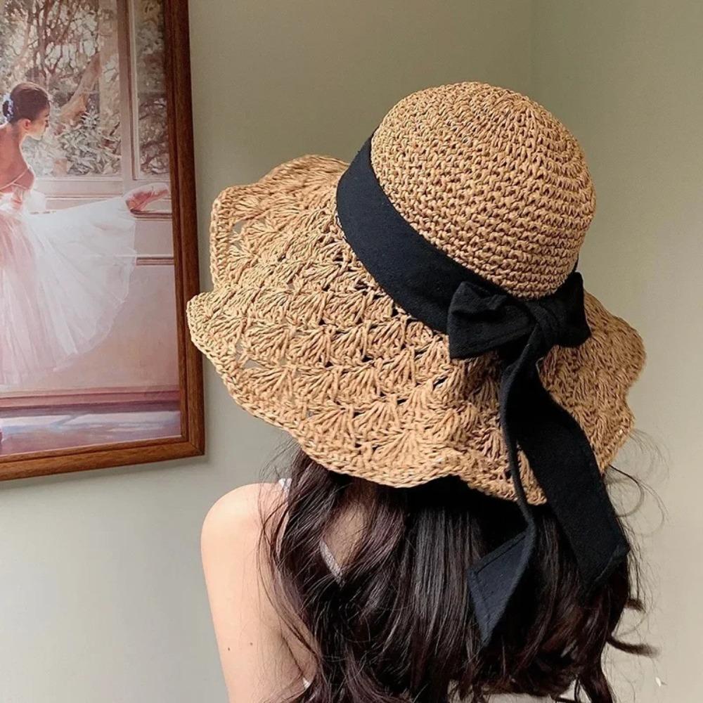 

Japanese Style Straw Hat Bow Sun Hat Panama Hat Big Brim Beach Cap Daily бежевый