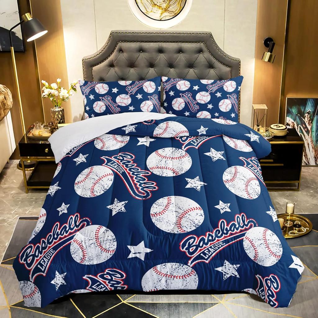 3D Baseballs Full Size,Blue Baseball Kids Bedding Set,3Pcs Bedding Set Printed 1duvet Cover with 2 Pillowcases