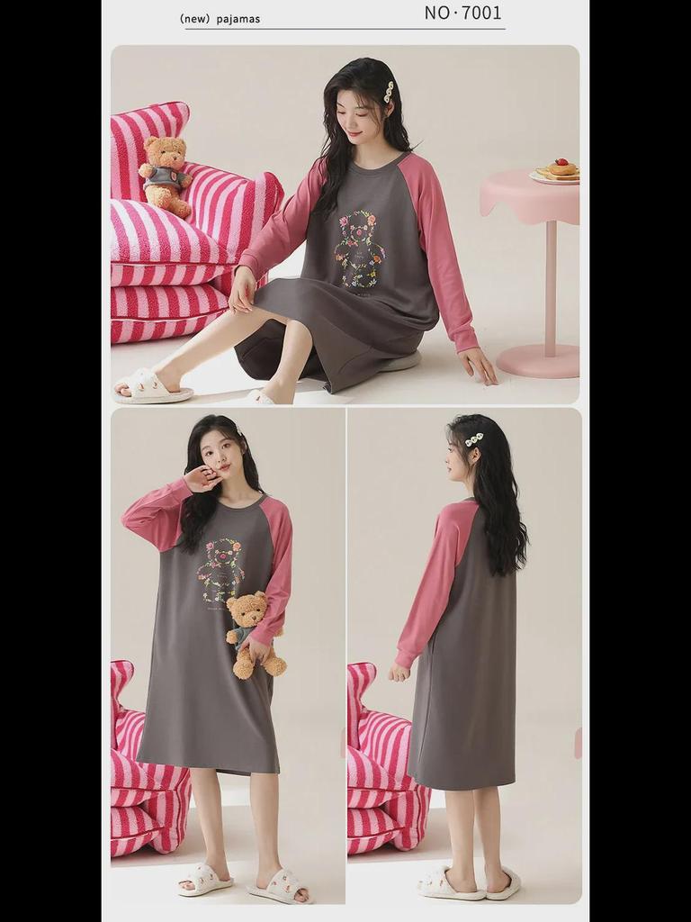 Women's 100% Cotton Knee-Length Long-Sleeve Nightdress for Spring and Autumn