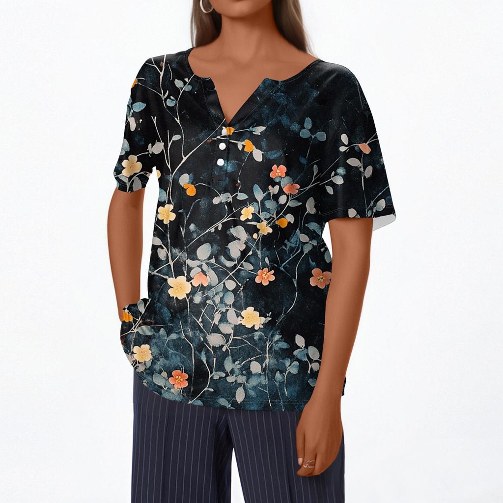 Women's T Shirt Tee Print Button Short Sleeve Daily Weekend Fashion Basic V- Neck Regular Top