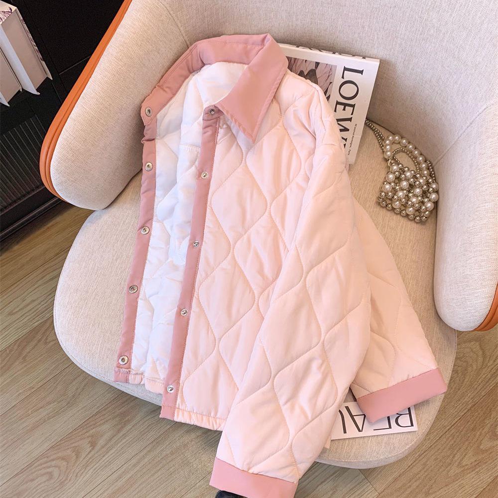 Korean-Style Women's Cotton Jacket: Gentle Wind, Lapel, Diamond Color Block, Warm, Short Outerwear for Autumn/Winter 2025