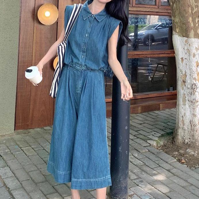 Women's French Design Denim Sleeveless Top & Wide-Leg Pants Summer Set