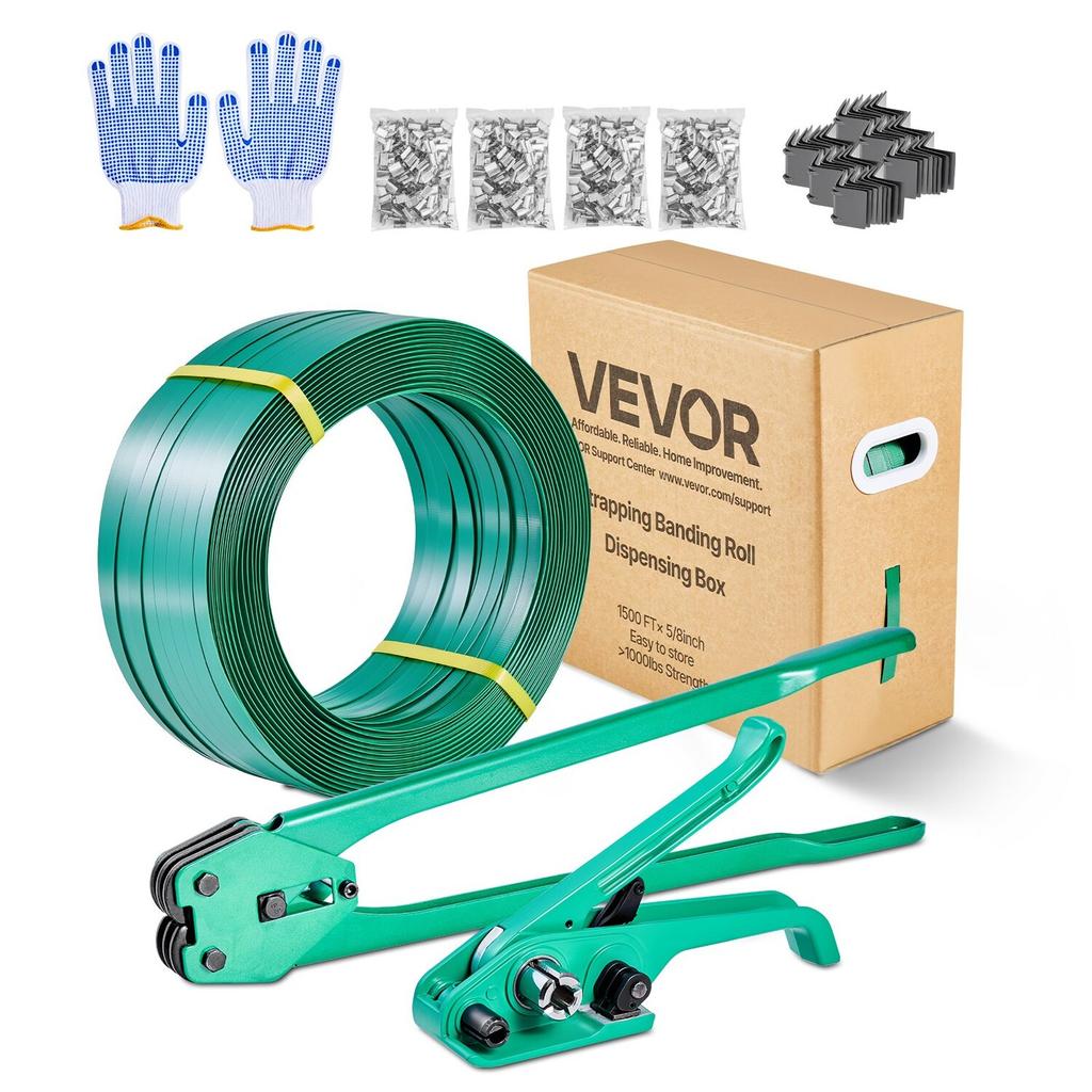 Banding Strapping Kit, Heavy Duty Banding Sealer Tool with 457m PET Band, 450 Metal Seals, 150 Corner Protectors & Gloves, Plastic Pallet Packaging