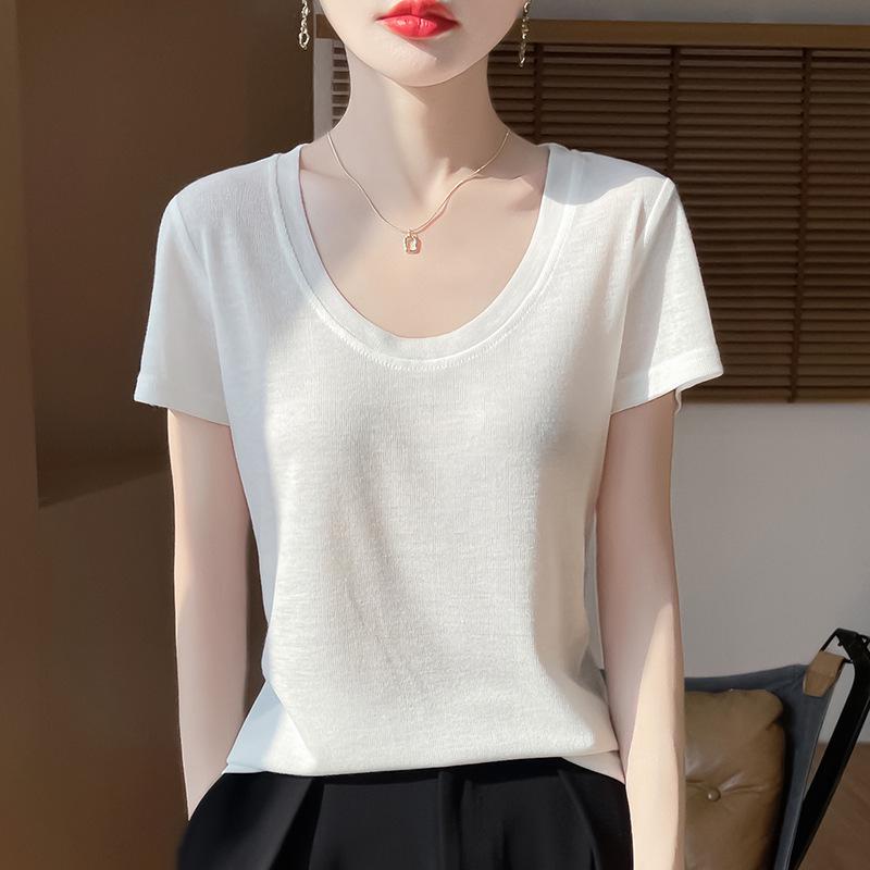 

2025 Spring/Summer Women s U-neck Solid Color Loose Knit T-shirt Large