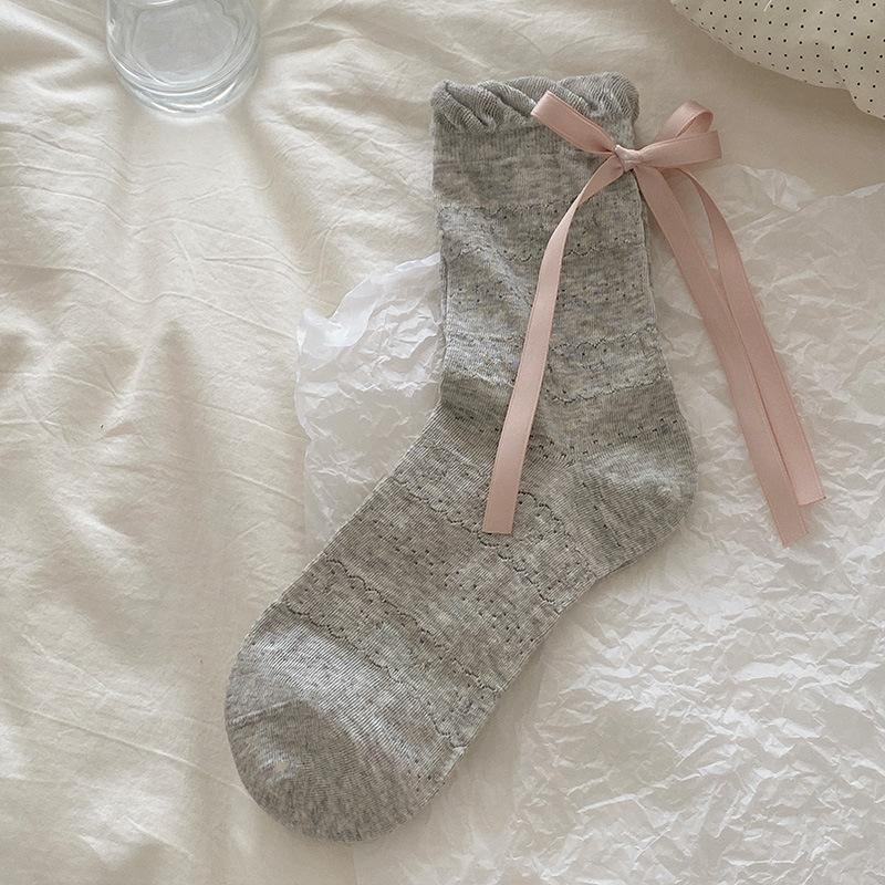 Female Summer Thin Ballet Style Bow Lace Medium Tube Pile Socks