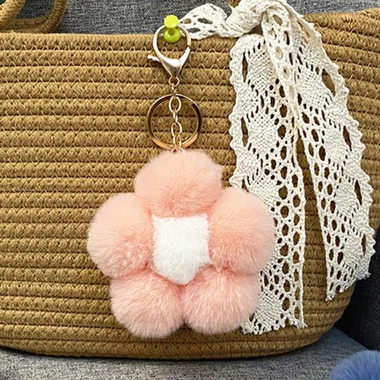 Lightweight Bag Decor Plush Flower Keychain for Handbags, Five-petal Charm, Metal Key Chain Fluffy Backpack Hanging Accessory Women