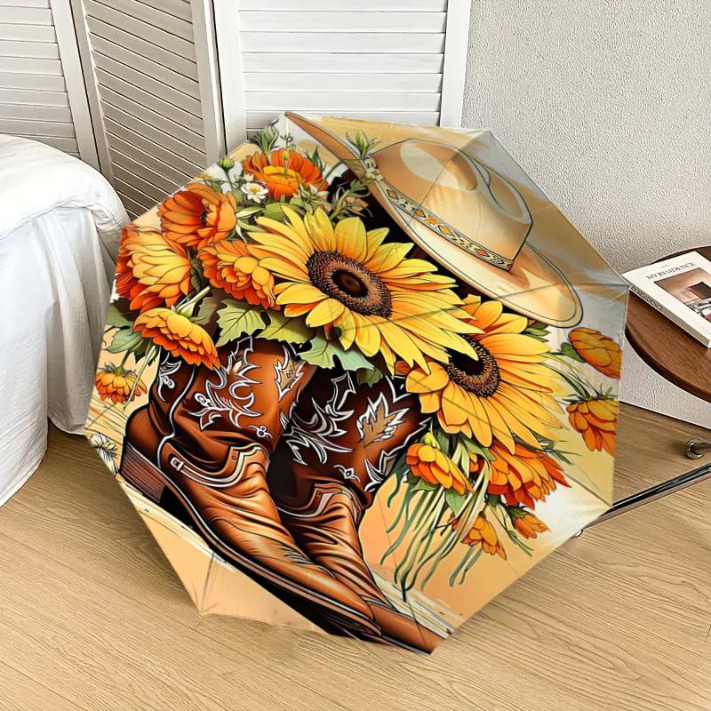 Cowboy Boots with Sunflowers Umbrella- Western Style Cowboy Hat and Boots for Men Women - Festival Gift Idea - Outdoor Rain Umbrella with Au