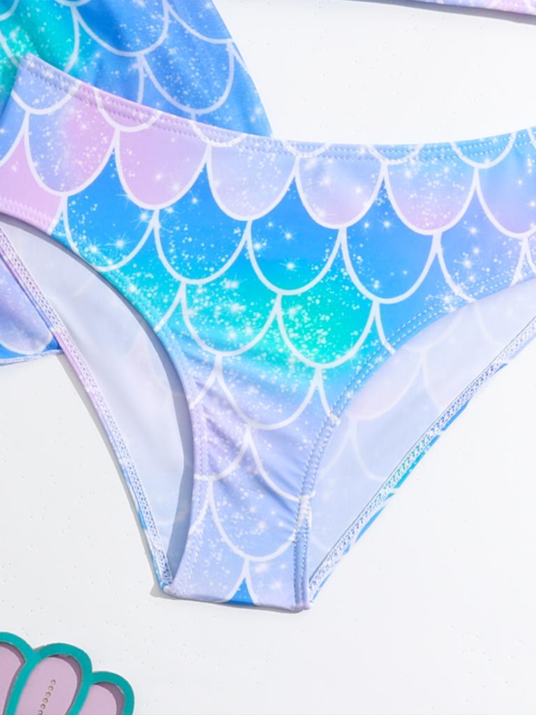 Girls' Fashion 3 Pieces Swimwear Set Printed Top Solid Short Sleeves Lace Up Cover-Up Swimsuit Bathing Suit