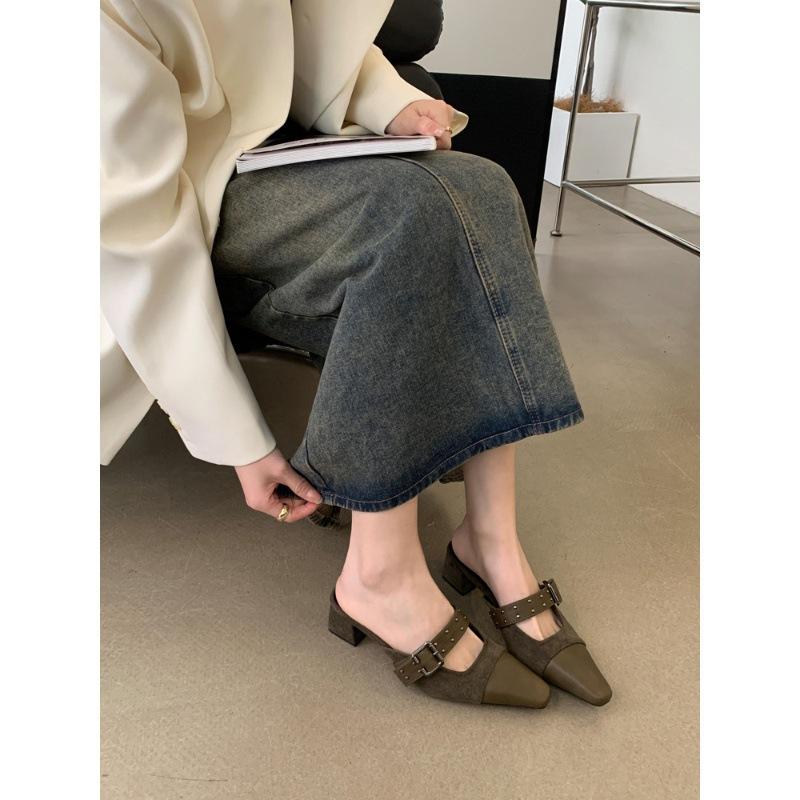 Baotou Slippers Women's Outer Wear 2025 Summer New French Small Fragrant Style Square Head Shallow Mouth Muller Half Slippers Flat Shoes