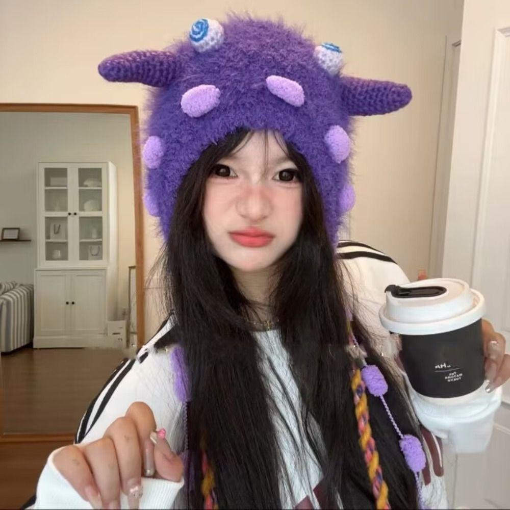 Knit Cleat Plush Beanies Hat Earflap Tassels Hat Cute Alpaca Fiber Pullover Cap Outdoor