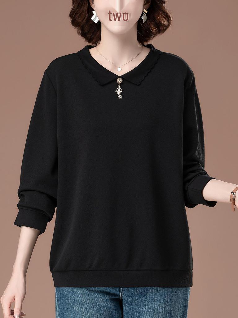 Plus Size Women's Autumn Long Sleeve Versatile Loose Turn-Down Collar T-shirt for Middle-Aged Moms