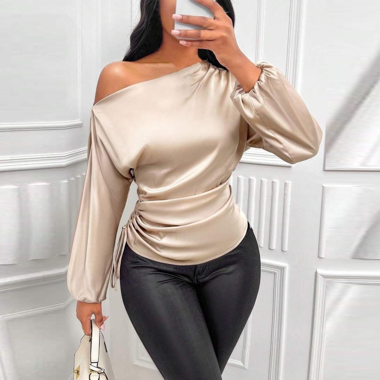 

Женская асимметричная рубашка с длинными рукавами и воротником L бежевый