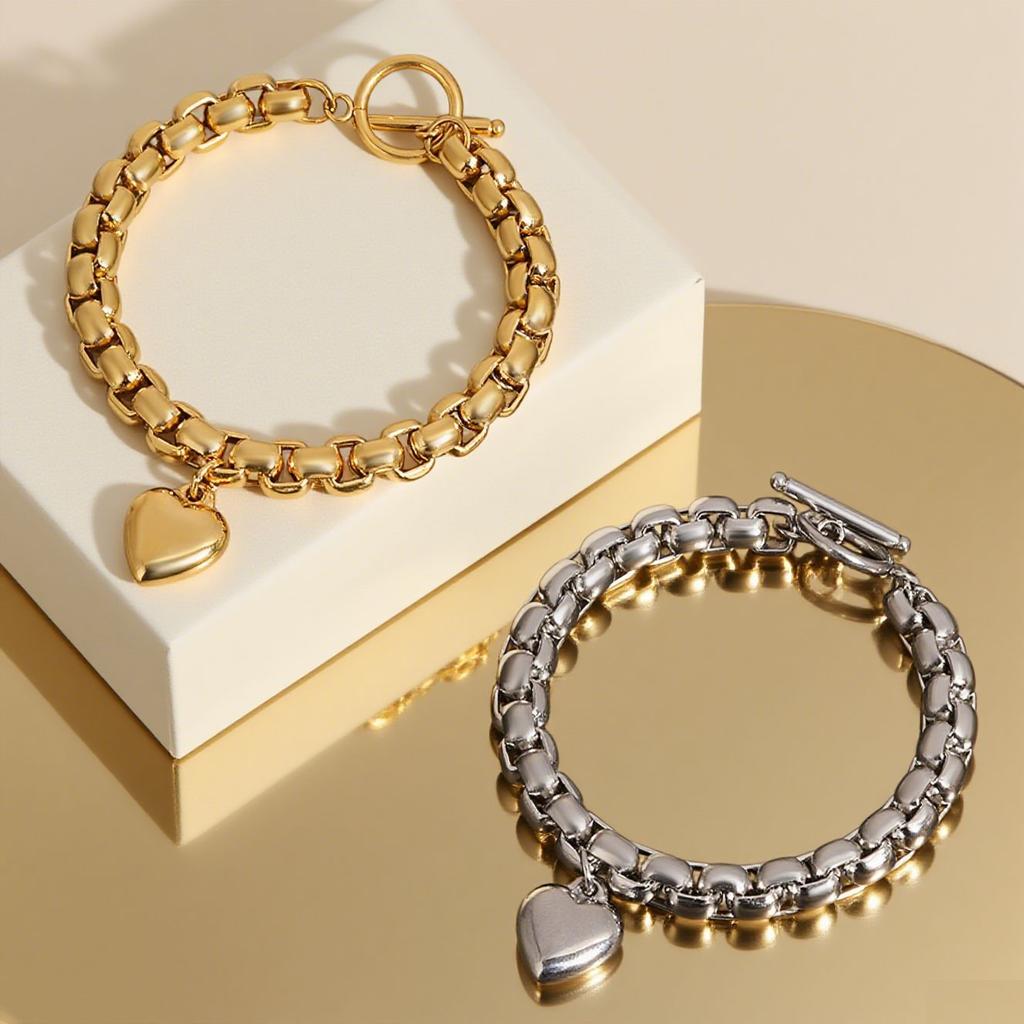 Punkowa Wodoodporna Bransoletka ze Stali Nierdzewnej z Wisiorkiem Serca Dla Kobiet, Retro Złota Gruba Łańcuszkowa Bransoletka z Zawieszkami Biżuteria na Rękę.