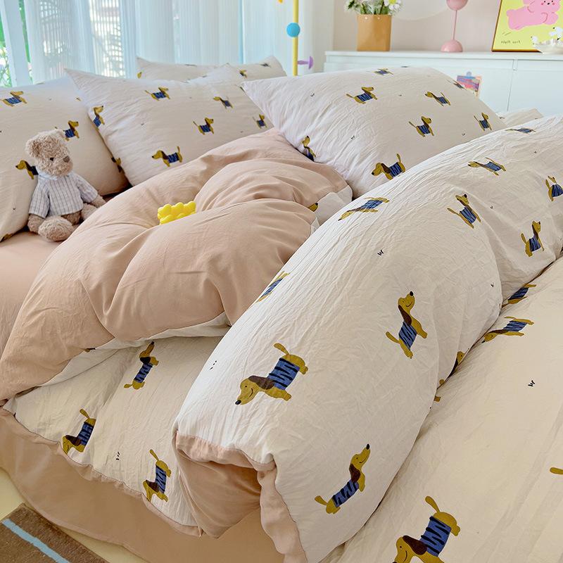 Small Fresh Mattress Quilt Cover Class A Maternal And Infant Grade Cartoon Dormitory Bed Sheet Three-Piece Set Super Soft Washed Cotton 4Pcs Set