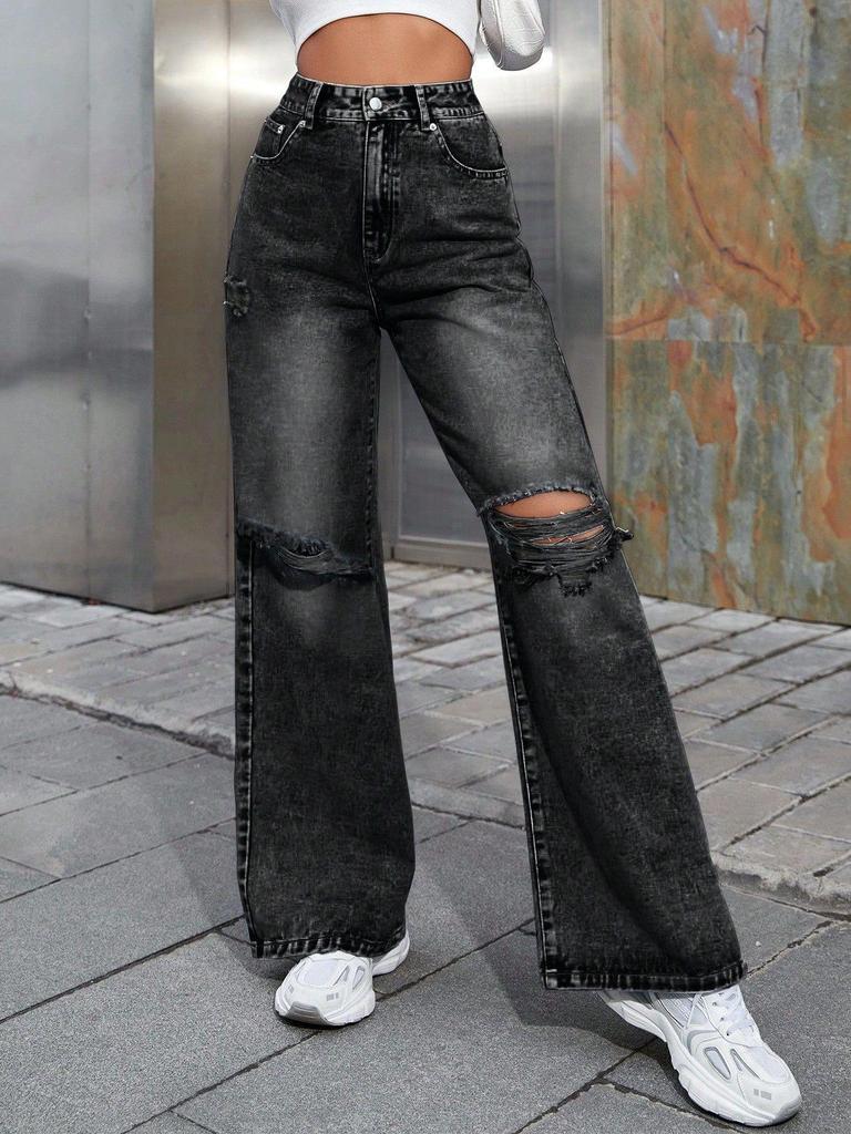 Women's High-Waisted Ripped Wide-Leg European & American Casual Pants