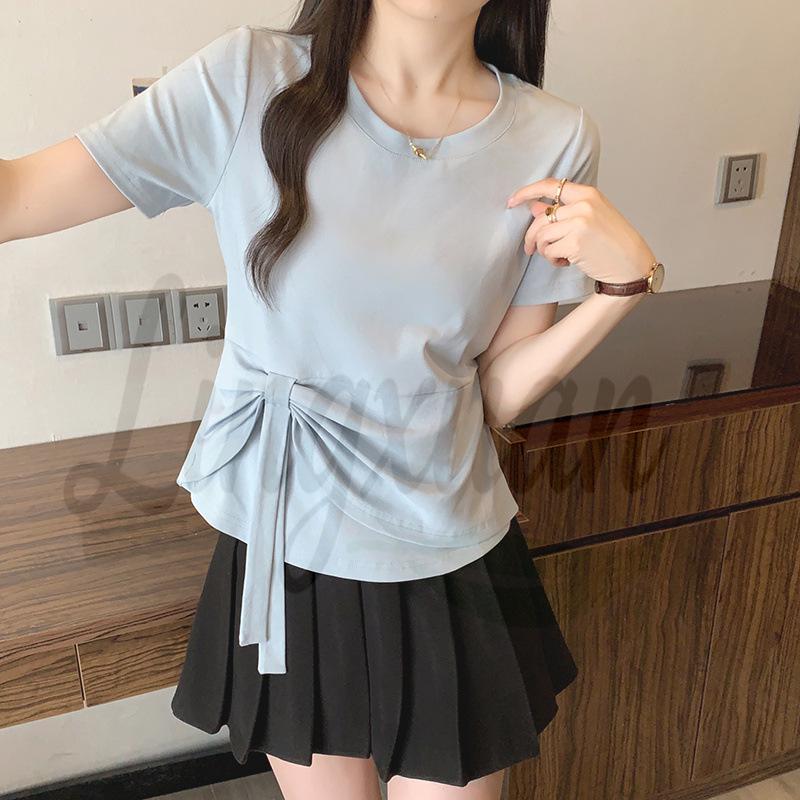 

2026 Summer Plus Size Women s Casual Round Neck Patchwork Ribbon Short Sleeve T-shirt 3XL синий