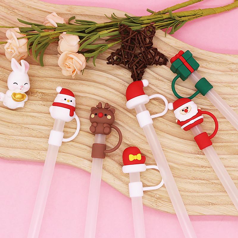 Christmas New Year Theme Cute Straw Dust Cap Dust Plug Detachable Doll Cute Straw Dust Cover Glass Stainless Steel Straw Cover