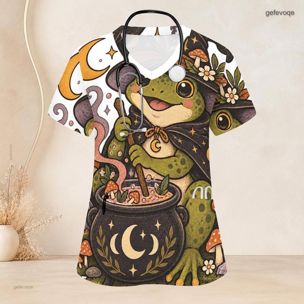 Women Plus Size V Neck Short Sleeve Scrub Top Black Cat Witch Hat Pumpkin Mushroom Halloween Print Nurse Uniform Top