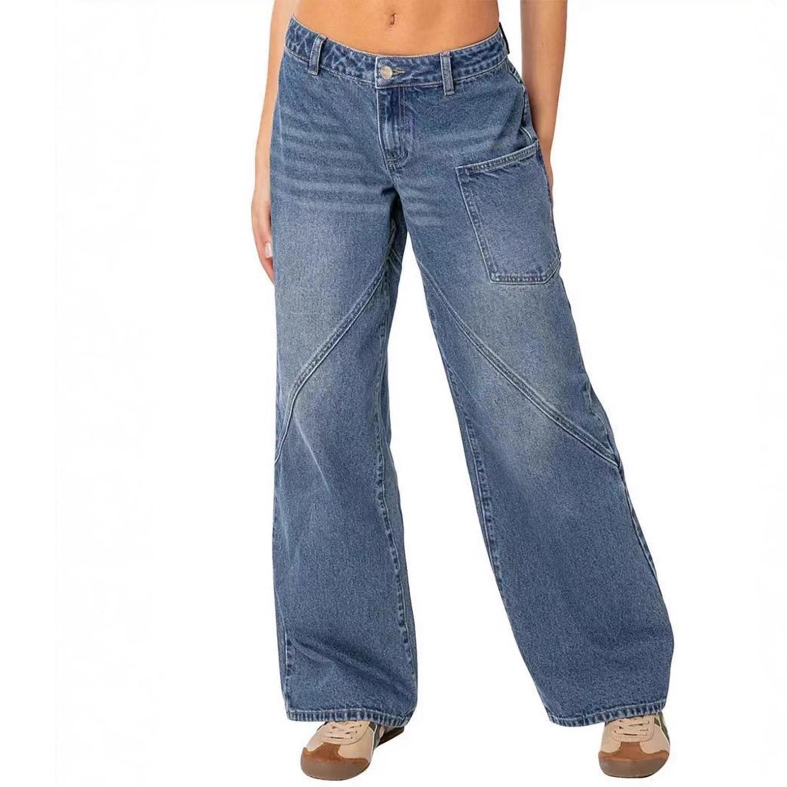 

Women s High Waist Washed Women s Jeans Fashionable Versatile Straight Leg Pants XL синий